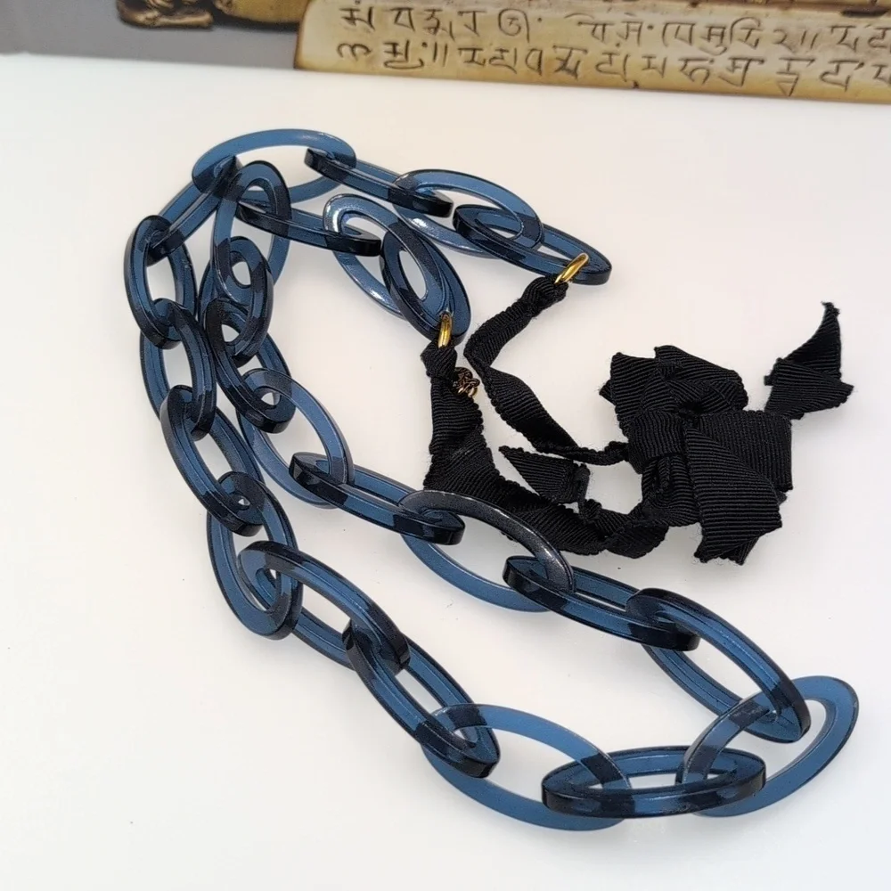 J. Crew Navy Blue Statement Necklace With Ribbon Closure